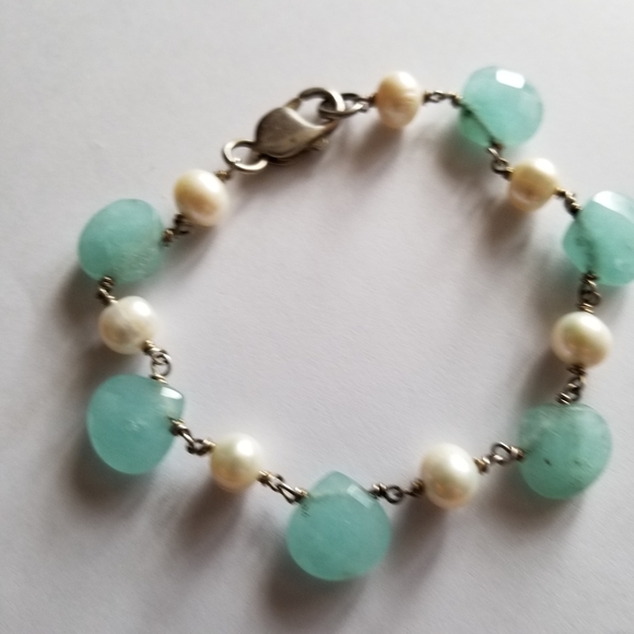 Chalcedony and pearl bracelet .925 sterling silver real mint sea white bead - Picture 4 of 16